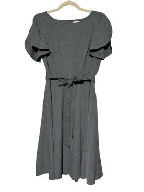 Calvin Klein Gray Fit Flare Career Dress Size 8 Belted Flutter Sleeve Modest